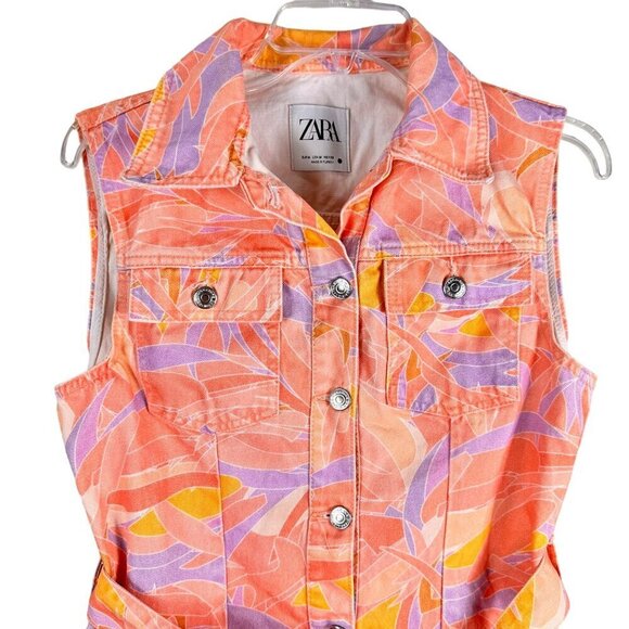 ZARA Colourful Peach Purple Printed Denim Button Up Dress Size Medium - Picture 3 of 13
